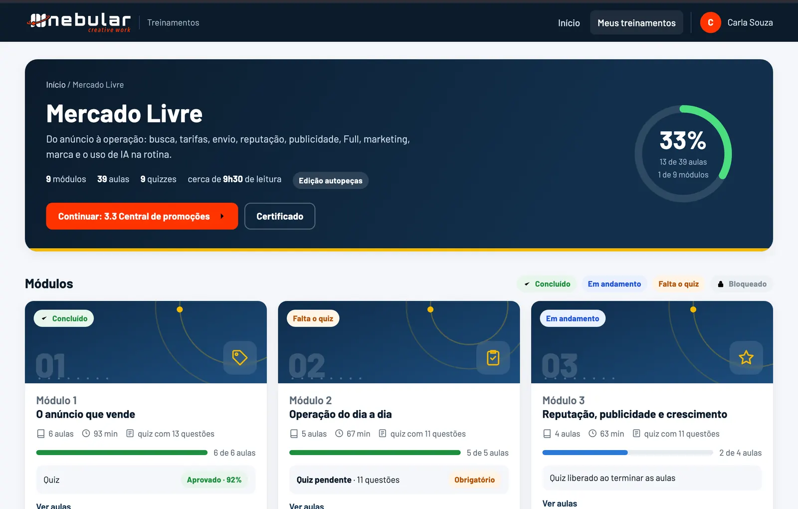 Página de um curso no portal, com os módulos e o progresso